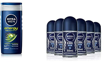 Nivea Men Energy Shower Gel, 250 ml - Pack of 6 & MEN Cool Kick Anti-Perspirant Deodorant Roll On Pack of 6 (6 x 50 ml), Fresh Men's Roll On Deodorant + Fresh Masculine Fragrance