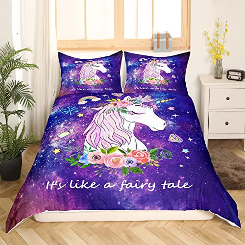 Einhorn Bettbezug 135x200 Mädchen Prinzessin Schlafzimmer Dekor Kawaii Regenbogen Einhorn Bettwäsche Set Cartoon Funkelnde Sterne Bettbezug Süßes Liebes Herz Muster Rosa Bettbezug mit 1 Kissenbezug