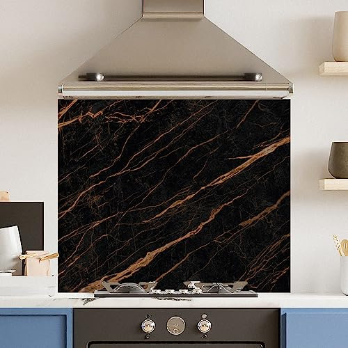 Premium 90 cm x 75 cm Black Gold Marble Glass 6mm Kitchen Splashback Heat Resistant Toughened Polished Edges - Back Splash Back Coloured Hob Painted Tempered Splashback