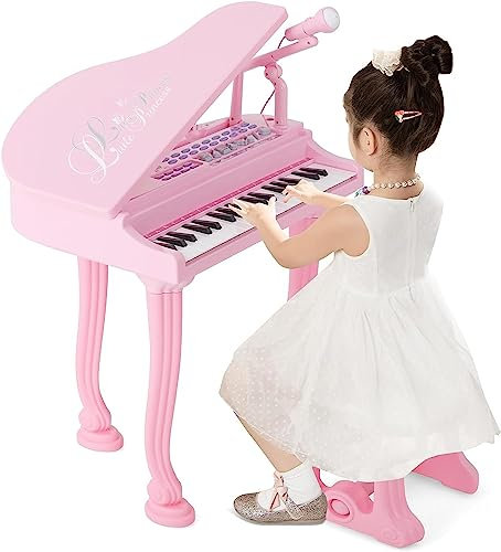 COSTWAY Piano Numérique 37 Touches pour Enfants avec Tabouret & Microphone, Piano Electronique Portable avec Mode d'Enseignement LED & MP3, Piano Enfants 3 Ans, Charge 50kg (37 Touches, Rose)