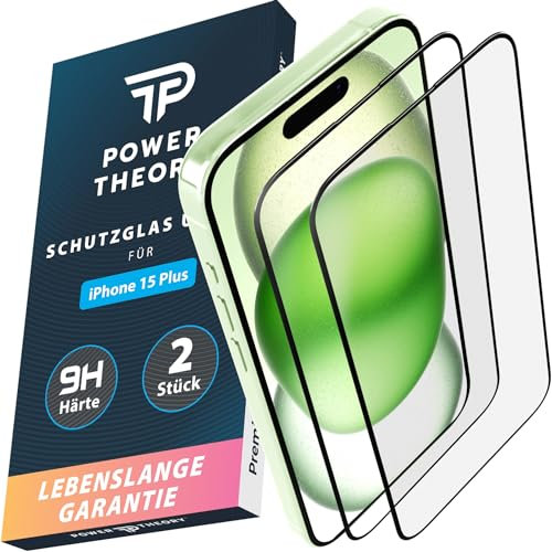 Power Theory Schutzglas für iPhone 15 Plus Schutzfolie, Ultra-Glas Displayschutz Folie mit 9H Glas Bruchfestigkeit, Blasenfreie Anbringung & Schnelle Installation [2 Stück]