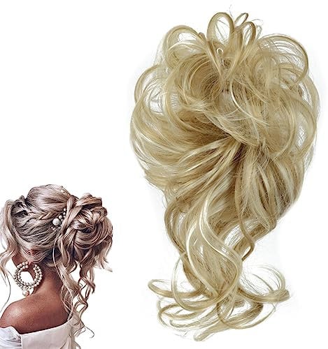prinfantasy Große Haarteil Haargummi Messy Bun Dutt Hochsteckfrisuren Voluminös wie Echthaar Haarverlängerung Bun Hair Extensions Ash Blonde Mischung Bleichblond, FQ010