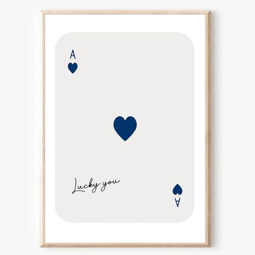 Trendy Ace of Hearts Print Lucky You Poster Retro Trendy Aesthetic Print Playing Card Poster Trendy Navy Blue Wall Art Blue Queen of Hearts Poster Poker Leinwand Wandkunst 40,6 x 61 cm ohne Rahmen