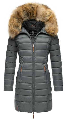 MARIKOO Damen Wintermantel warmer Steppmantel lang mit Kapuze und abnehmbarem Kunstfell-Kragen Rose Stormy Blue Gr. S