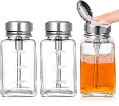 Guiqulai 3 Pcs Clear Pump Dispenser Bottle Push Dispenser with Metal Flip Cap 180ml Glass Dispenser Pressure Container Refillable for Dispensing Nail Polish Remover Alcohol Toner and Makeup Remover