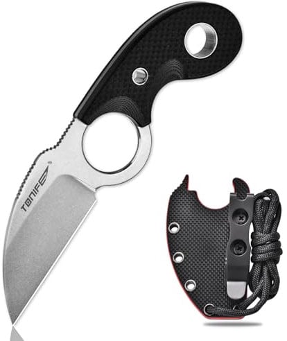 TONIFE Crescent Neck Knife Outdoor Messer Feststehende Klinge aus 8Cr14MoV-Stahl mit Scheide Lanyard und Clip Full Tang Messer Überlebensmesser (Schwarz+Stonewash)