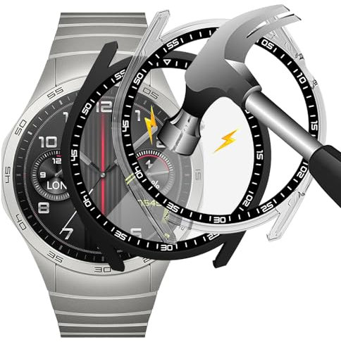 Akancy [2 piezas Estuche rígido compatible con Huawei watch GT4 46mm con película protectora, dureza 9H Estuche para PC Hart Vidrio templado delgado, transparente negro