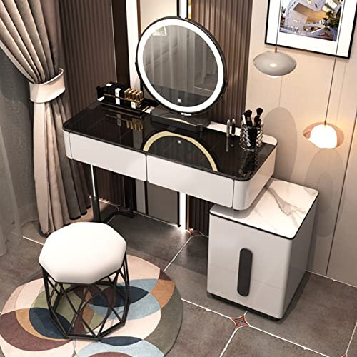 Schminktisch mit Spiegel und Licht, modernes Make-up-Set mit Aufbewahrungsschubladen und gepolstertem Hocker und Seitenschrank für Schlafzimmer, Schminktisch mit Glastisch für Frauen und