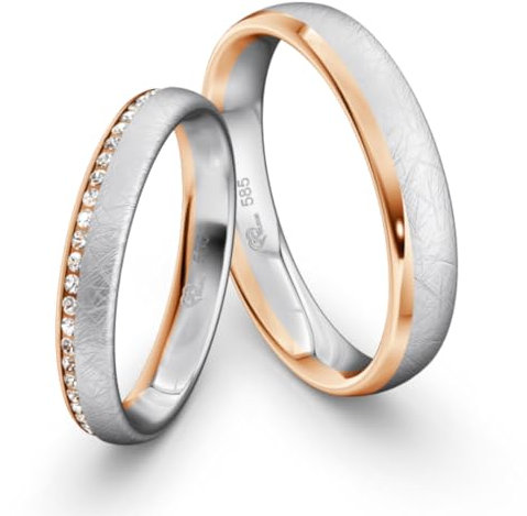 JC Trauringe Oro 333 lucidato I Fedi nuziali da sogno, uniche fedi per partner in oro rosa e bianco con incisione in elegante cofanetto, 2 anelli da sposa da uomo e da donna con pietre I LC354, oro,