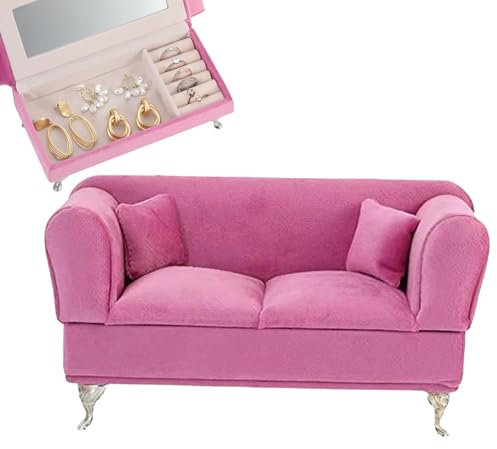 CUCUFA Schmuckkastenfach Öffnungsbezogener Sofa-Form 1/6 Möbel mit Spiegel Samt staubdes Puppencouch mit Deckelschmuckschachteln für Frauen Mädchen 1 Schmuckschatulle