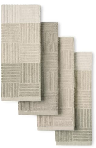 Town & Country Basics Basketweave Antimicrobial Terrycloth Kitchen Towel 4-Pack Set, Absorbent 100% Cotton, Machine Washable, Beige, 16x28