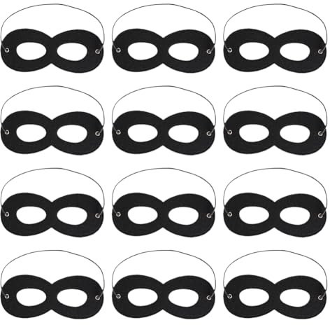 JIHUOO 12 Pcs Felt Eye Superhero Masks - Masquerade Half Mask for Halloween Costume, Hero Cosplay - Adjustable Black Dress Up Mask