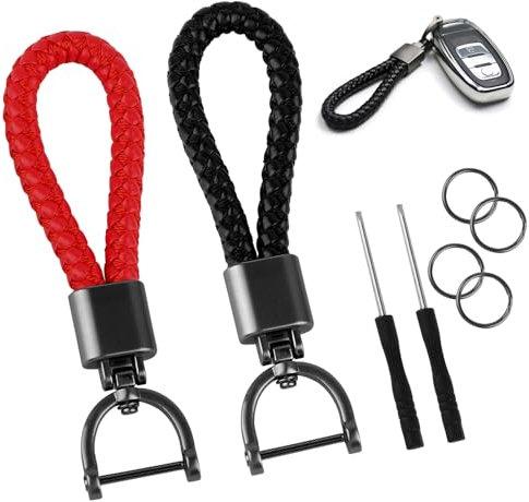 Schlüsselanhänger Geflochten 2 Stück, Leder Schlüsselanhänger Auto mit D Ring Schlüsselring, Schlüsselband Leder Geflochten, Personalisiert Schlüsselring Zubehör für Geschenk - Schwarz und Rot