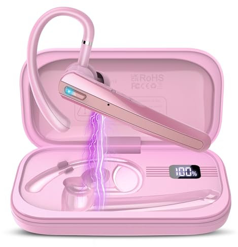 SKIUDCT Bluetooth Headset V5.3 120Hrs Talk Wireless Headset with Dual ENC Noise Canceling Mic Mute, Hands Free Bluetooth Earpiece Business/Office/Driving, Headphones for iOS Android, Laptop, Pink