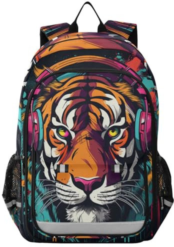 Linnyio Coole Kunst Musik Tiger Büchertasche, Schul Studententasche, Kinderrucksäcke für Reisen, Teenager