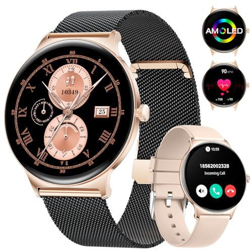 LIGE Montre Connectée Femme avec Appels Bluetooth, 1.43 AMOLED HD Montre Sport Femme avec Calories/Santé des Femmes/SpO2, IP68 Montre Connectée Femme Waterproof, Android iOS Or Noir Montre Femme