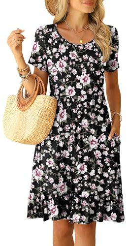 Anelune Round Neck Knee Length Dress for Women with Pockets Casual Summer Short Sleeve Pleated Ruffle Hem Short Dress Flower Black Pink M