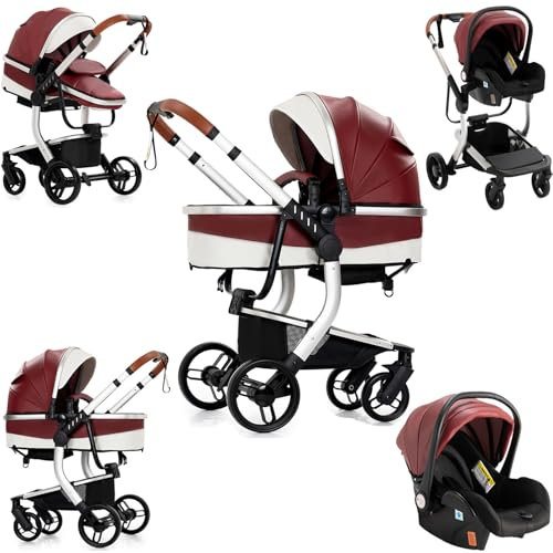 Veitoalioy PU-Leder Kinderwagen 3 in 1, Bequemer Multifunktionaler Kombikinderwagen 3 in 1 Komplettset, Aluminium Hohe Landschaft Babywagen, Faltbarer Kinderwagen Set (518 Red)