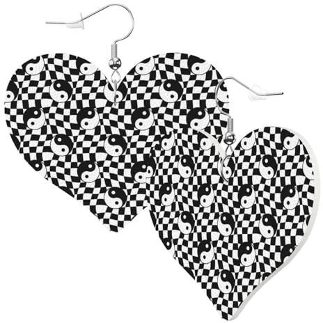 Herz-Ohrringe für Damen, trendig, Ying-Yang-kariert, Leder, modische baumelnde Ohrringe, lustige nickelfreie Ohrringe für Geburtstagsparty, Gastgeschenk, Deko-Zubehör