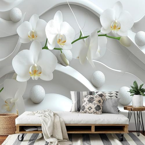 3D Fototapete Weiße Orchidee,300 x 210 cm (B x H),Moderne abstrakt gewellte Linien Wandtapete Wohnzimmer Schlafzimmer für Küche, Wandkunst