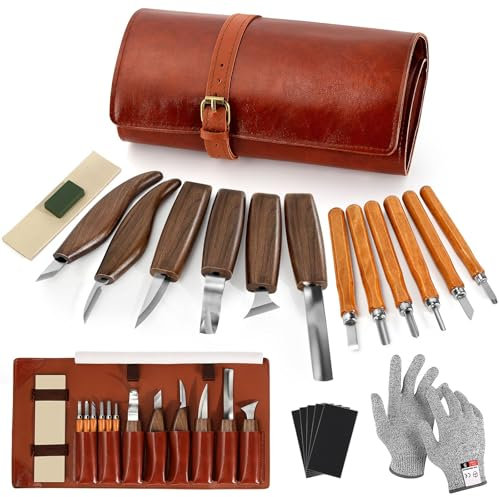 Herramientas de tallado de madera, kit de tallado de madera de 17 piezas con bolsa de almacenamiento de poliuretano, kit de corte de madera con 6 cuchillos de corte y 5 cuchillos de tallado de