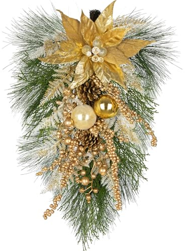 Arborus Weihnachtsdeko Gold 63 cm Weihnachten Teardrop Swag Weihnachtskranz Haustür Wandkränze Künstliche Weihnachtsgirlande Treppengeländer Winter Deko Wohnung Landhuas Büro Weihnachten Deko