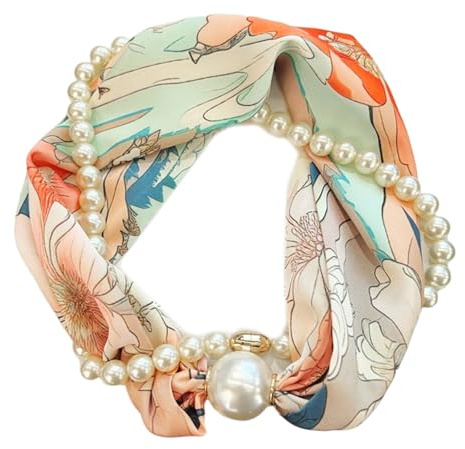 YUXITA Magnetic Clasp Pearls Chain Necklace Floral Satins Scarf Elegant Silk Skinny Narrow Neckerchief for Fashionable Women
