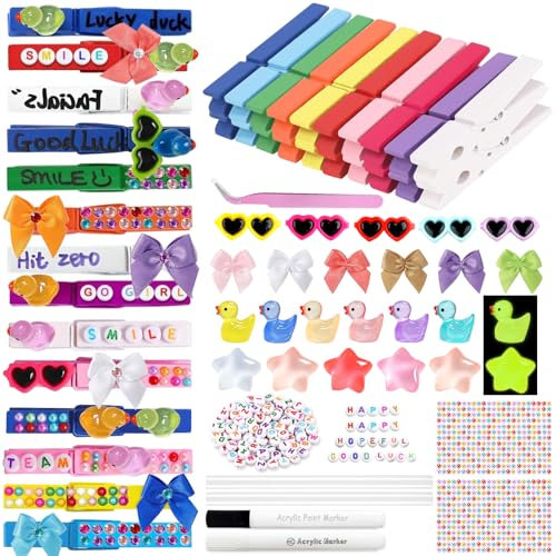 Cheer Spirit Colored Clips Set - Mini Duck with Glow in The Dark Wooden Clothes Pins with Bows, Charms Cheerleader Clip for Backpacks/Volleyball/Bag, Decor & DIY Craft Ribbon Pins(367PCS)