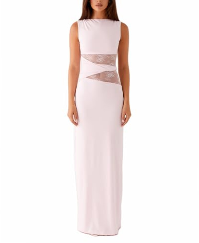 XIXIMAON Robe Longue Sexy Moulante Dos Nu pour Femme Robe de Soirée Cocktail Elégant sans Manches en Dentelle Patchwork Y2K Clubwear