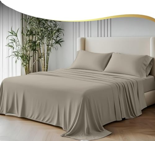 GF 100% Organic Bamboo Bedding Set 4 Pieces 300tc Luxurious sateen weave Duvet Cover, 2 x Pillow Cases & Extra Deep 40cm Fitted Sheet. (Evening Sandstone, Double)
