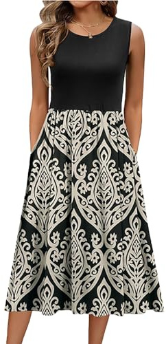 Vestidos Verano Mujer Sin Mangas Cuello Redondo Floral LíNea A LíNea Midi Swing Playa Vestido con Bolsillos