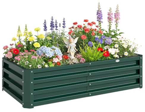 Outsunny Jardinera Exterior Grande Acero Galvanizado 120x60x30,5 cm Verde | Huerto Urbano Elevado, para Cultivar Plantas Flores Hierba, Macetero Exterior Rectangular, con Fondo Abierto