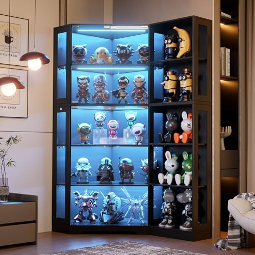 Corner Display Cabinet with Glass Doors, 71 Lighted Curio Cabinet with 3 Color Lights for Collectibles, 5-Tier Display Case with Extra Bookcase for Toys, Books, Black