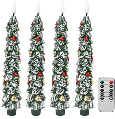 Colexy Pack 4 Velas LED sin Llama en Forma de Árbol de Navidad con Control Remoto, 24.5 cm Velas de Decoración Navidad Parpadeantes para Decoración de Hogar, Chimenea, Fiestas y Regalos