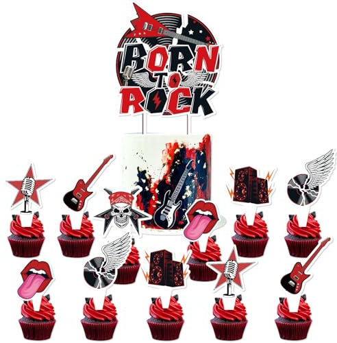 SANYUANHE 25 Stück Rock’n’Roll Kuchen-Dekoration,Schwarz-Rote Kuchen-Deko Rock,Rock-Party Cupcake Dekoration für Geburtstagsdekoration Hochzeit und Rockmusik Themenpartys