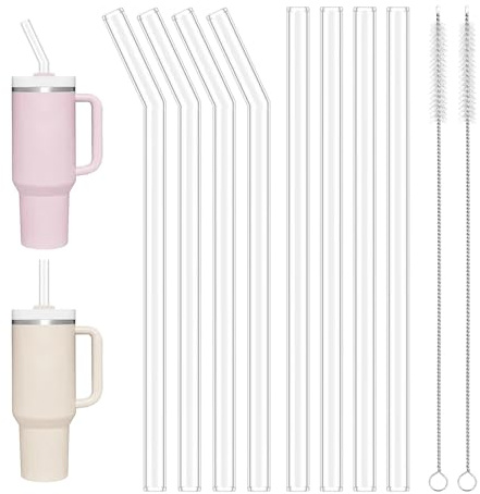 YIMETOP 8pcs Glass Straws for Stanley Cup 30oz/40oz, Extra Long 31cm Reusable Straws - 4 Straight + 4 Curved with 2 Cleaning Brushes, Transparent Washable Straws for Stanley Tumbler & Water Bottles
