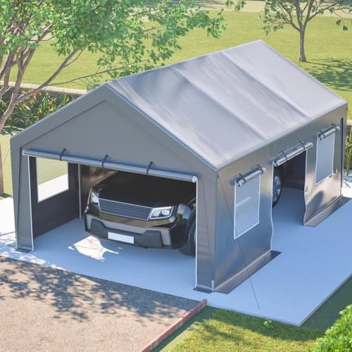 Mixtric Garage per Tenda per Tutte Le Stagioni con Copertura Impermeabile per Le Pareti Laterali Porte Finestre Avvolgibili Protezione UV per Riporre Auto E Giardino con Finestre,Grigio,6x4x3M