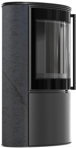 BJORN Ø 150 7 kW freistehender Stahlofen, dekorative GRAFITE SATIN Speicherkeramik, Stahlabdeckung; schwarzes Thermotec