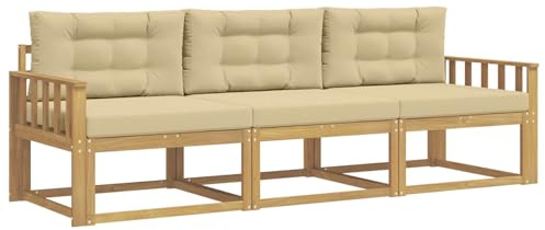 vidaXL Outdoor-Sofagarnitur mit Kissen 3 pcs Weiß und Beige Polyester, Akazienholz Sofa Set für draußen, modernes Loungemöbel, Flexibler Gartenplatz, wetterfeste Einrichtung