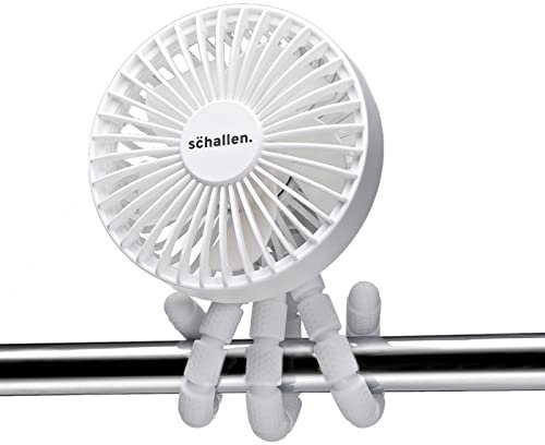 Schallen Rechargeable 4 Way Portable Lightweight Fan with LED Light for Pram Fan, Car Seat, Desk, Office, Travel Fans | Clip on, Handheld, Tripod & Phone Holder (White)