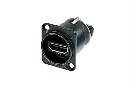 Neutrik HDMI feedthrough Chassis Connector, in silver D-shape housing. NAHDMI-W