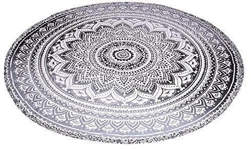 Sophia-Art Indisches Mandala-Motiv, rund, Strandtuch, Hippie-/Boho-Stil, Baumwolle, Lotusblüte, rund, Baumwolle, Outdoor, Strandtuch, Roundie (graues Ombre)