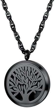 PROSTEEL Parfüm Anhänger Halskette Schwarz Edelstahl Damen Herren Hohl Baum des Lebens Medaillon Ätherische Öle Diffusor Floating Locket mit Kette Schmuck Aromatherapie Accessoire mit 8 bunten Pads