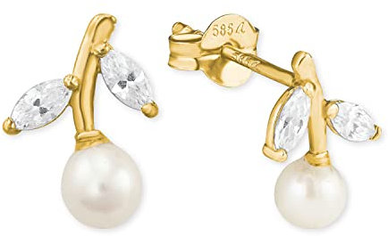 Amor Ohrstecker Damen Ohrschmuck, mit Zirkonia synth, mit Glasperle, 1 cm, Gold, Blatt, Kommt in Schmuck Geschenk Box, 2020264
