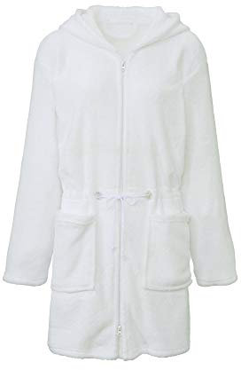 CelinaTex M Bademantel Kapuze Uni kurz aufgesetzte Taschen zwei Wege Reißverschluss Damen Kuschelflanell OEKO-TEX Famous
