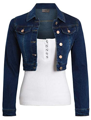 SS7 Womens Crop Stretch Fitted Denim Jacket Indigo