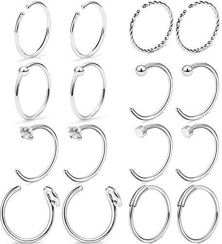 Mayhoop 20G Nasenpiercing Fake Nasenpiercings Chirurgenstahl Silber C-förmiger Nasenring Hoop Ring für Nasen Tragus Helix Ohr Nase Lippe Septum Piercing Schmuck Körperpiercing 16er 8mm