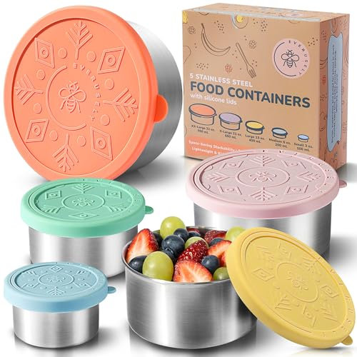 Everusely - Stainless Steel Containers with Lids - Set of 5, Bright Collection - Leakproof Stainless Steel Food Containers - Nesting Snack Holders - Metal Lunch Box - Portable & Reusable Meal Kit