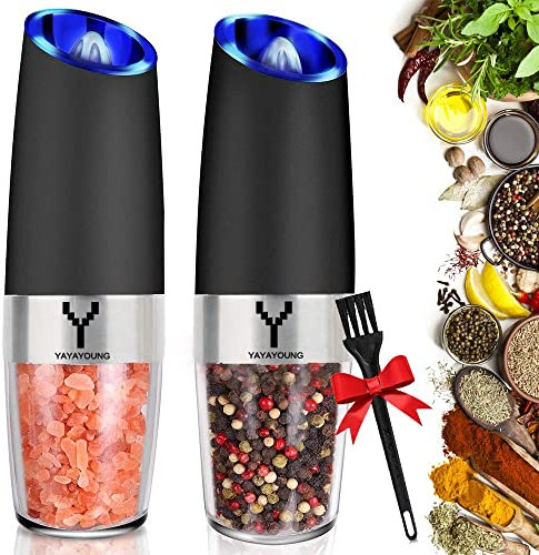 OOTD Gravity Electric Grinder Set of 2, Automatic Pepper and Salt Mill Grinder with Blue LED Light, Electric Pepper Mill with Adjustable Coarseness, Refillable, Salt and Pepper Shaker, Pepper Grinder