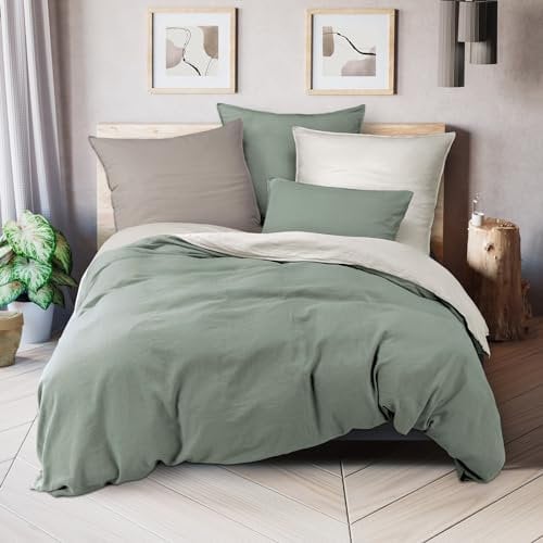 Pure Label Halbleinen Bettwäsche 3tlg. 155x220 cm mit Kissenbezug 80x80 cm und einem Kissen 40x80 cm in grün - Bügelfreie Bettwäsche Sets 155 x 220 aus belgischem Leinen und feinster Baumwolle